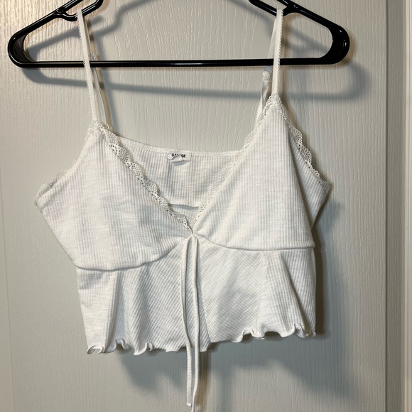 Garage White V-Neck Cropped Flowy Tank-Top With Ribbon Tie Detail, Lace Trim - Picture 1 of 3